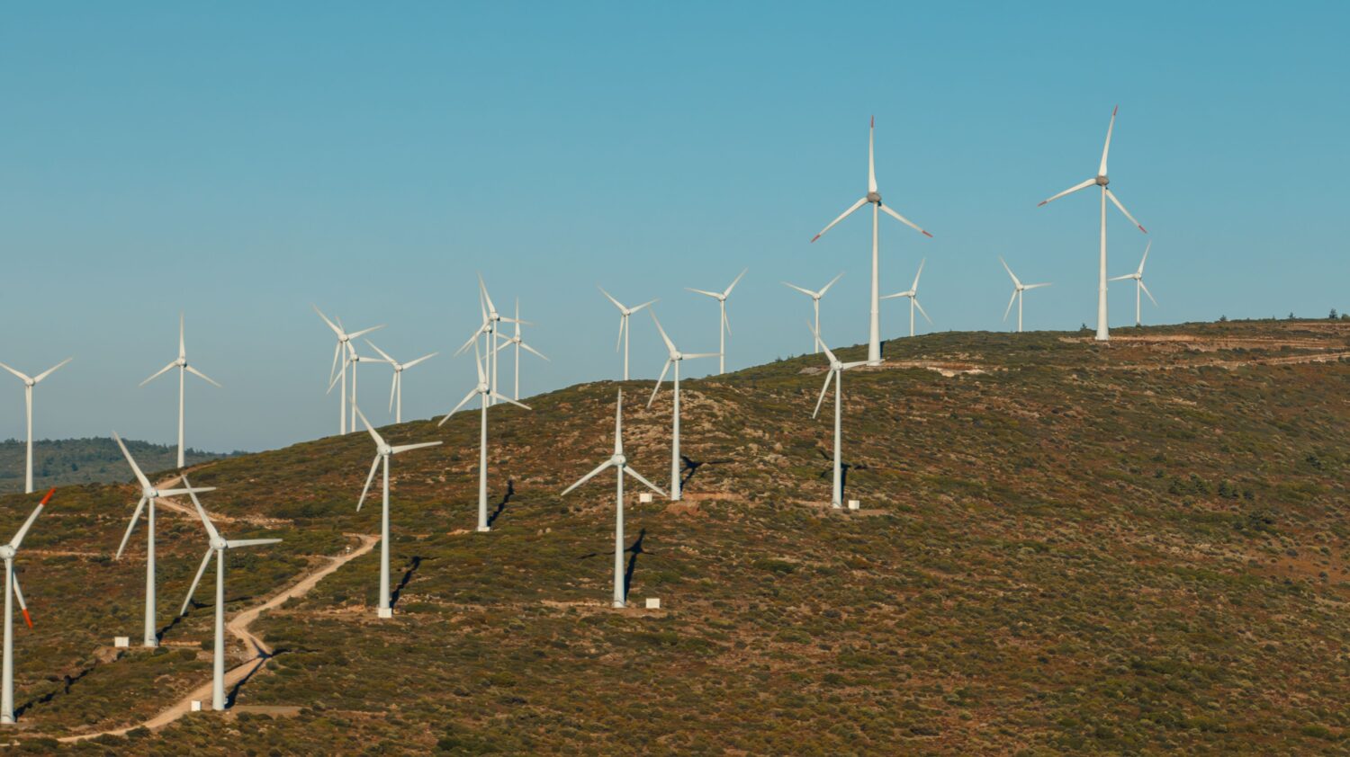 A scenic view of wind turbines on a hill in Çeşme, İzmir, showcasing renewable energy in a rural area. Photo by Ahmet Kurt.